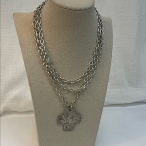 Layered Silver-Tone Chain Necklace with Fleur Motif Pendant